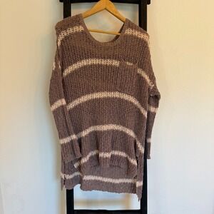 Free People Sweater Knit Striped Oversized Pullover Pocket Brown Cream Boho